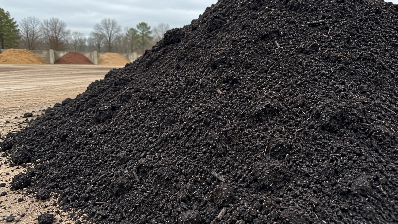 Dark rich bulk compost piled at Riverside Wood supply yard in Norman, Oklahoma