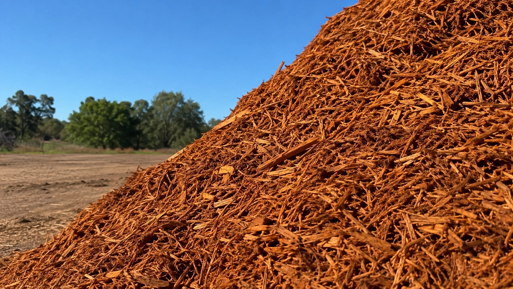 Bulk cedar mulch pile at Riverside Wood supply yard in Norman, Oklahoma