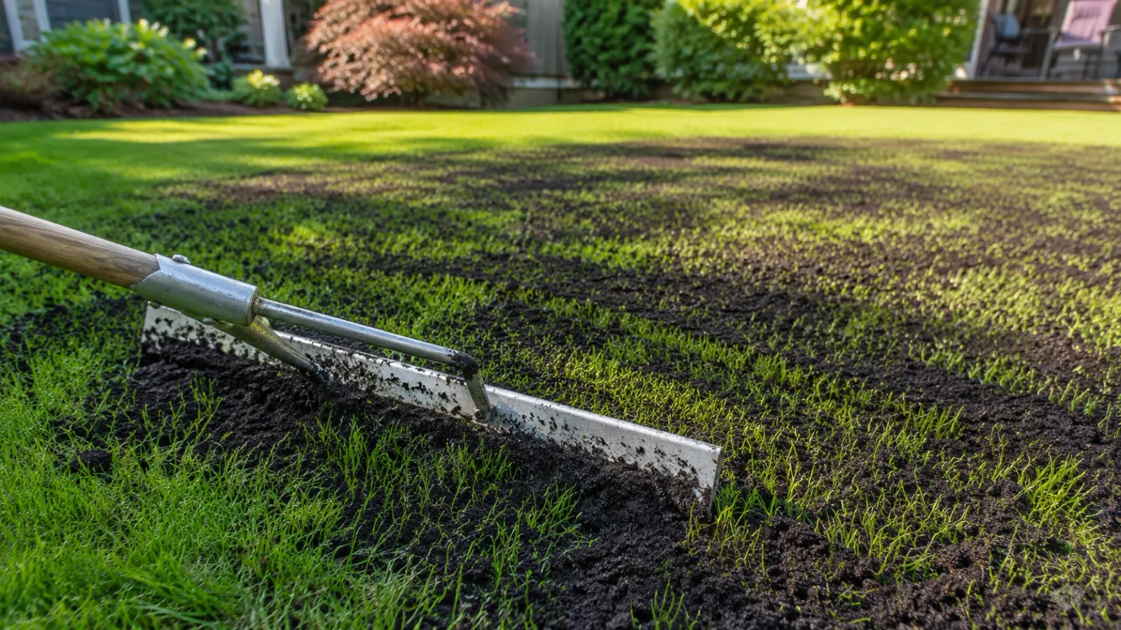 Dark compost topdressing spread in a thin layer over a healthy green lawn in Norman, Oklahoma