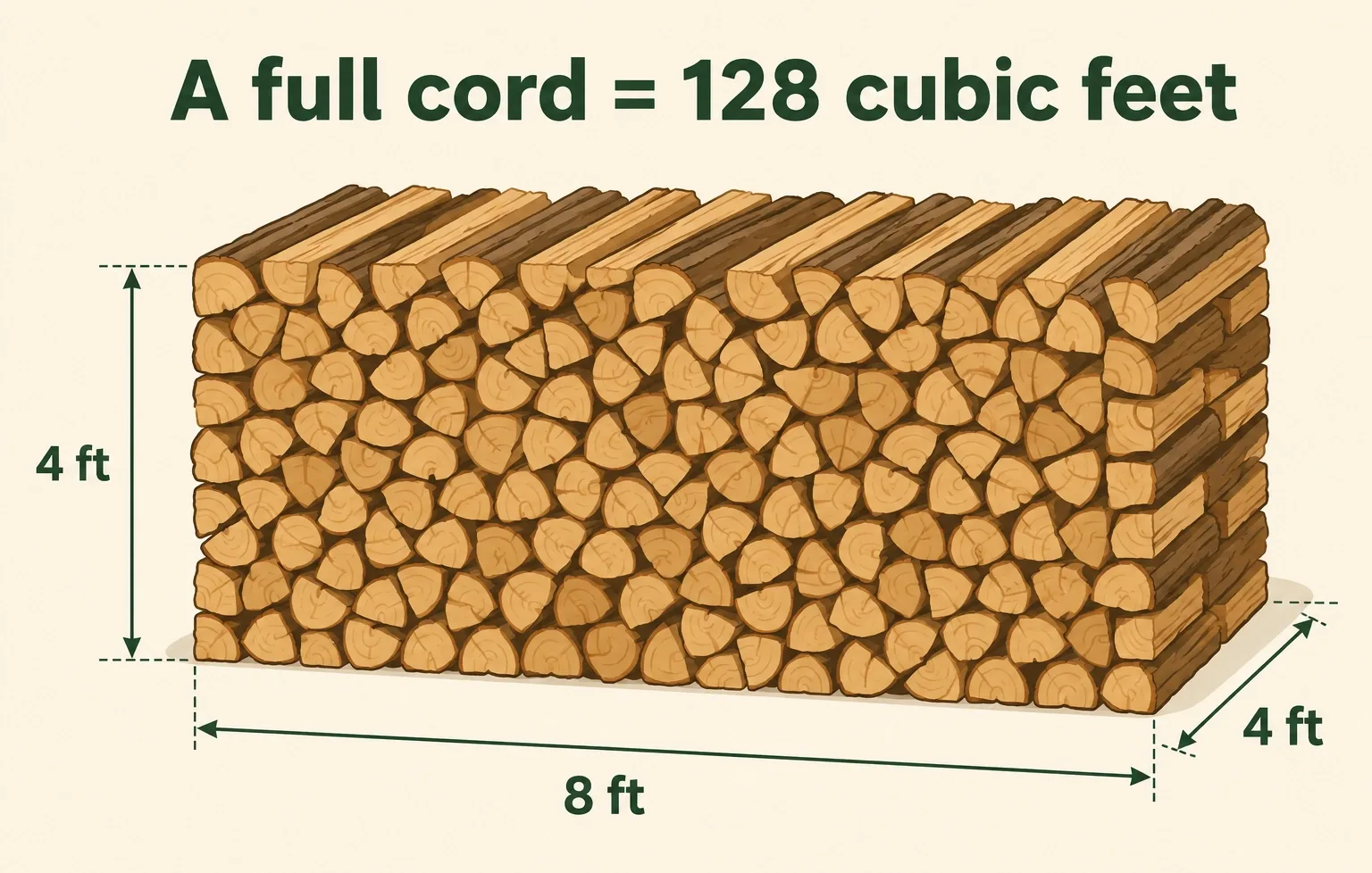 Diagram of a full cord of firewood: a stacked pile 8 feet wide, 4 feet tall, and 4 feet deep, equal to 128 cubic feet