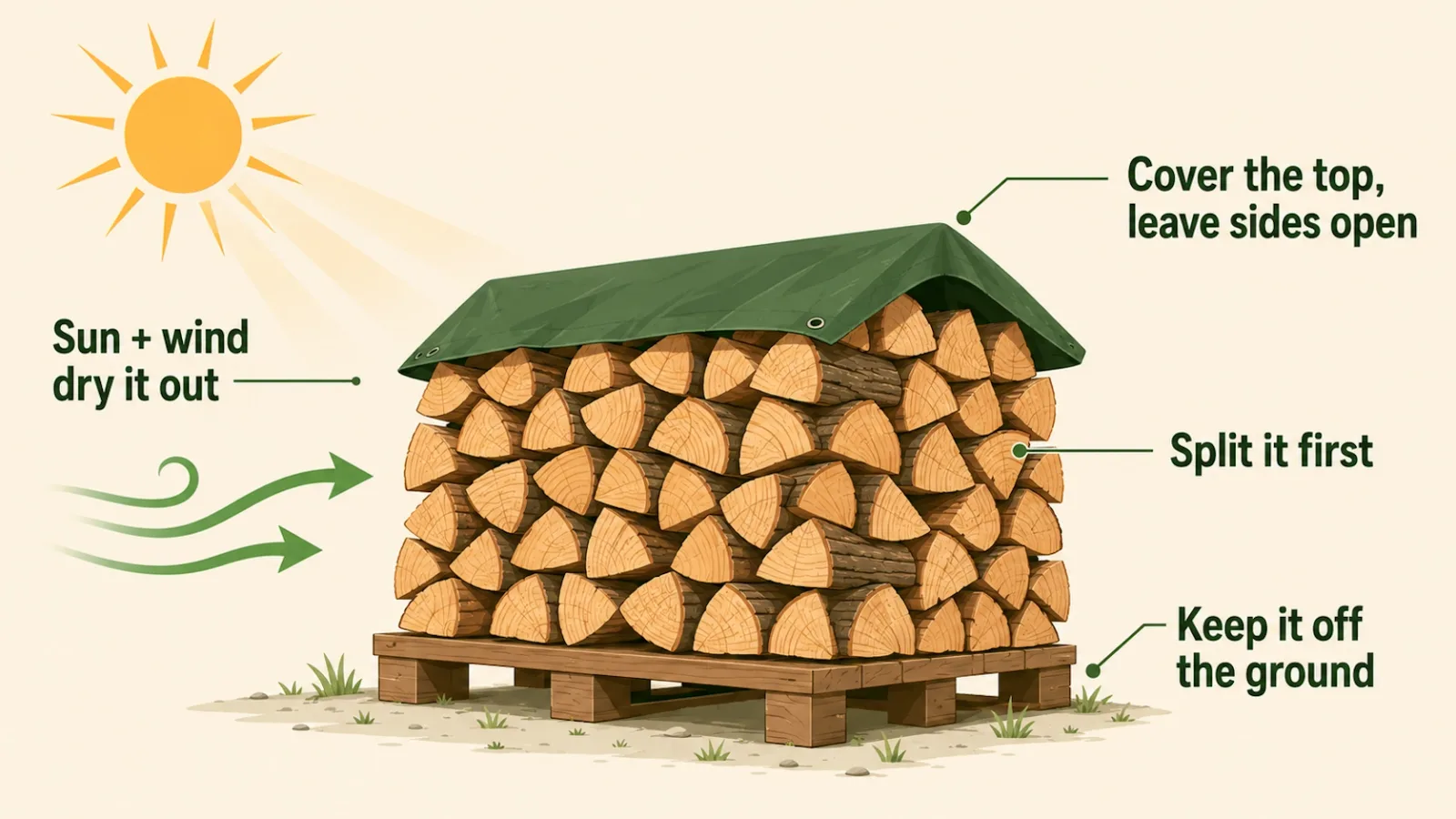 Diagram of how to season firewood: split logs stacked on a wooden pallet off the ground, the top covered with a tarp and the sides left open, drying in sun and wind