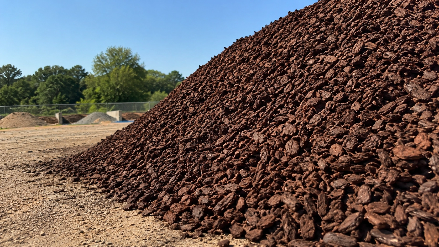 Large pile of dark brown pine bark mulch at an outdoor supply yard in Norman, Oklahoma