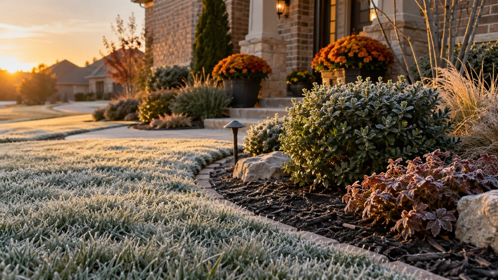 Light first frost on grass and shrub leaves beside a freshly mulched landscape bed in Oklahoma
