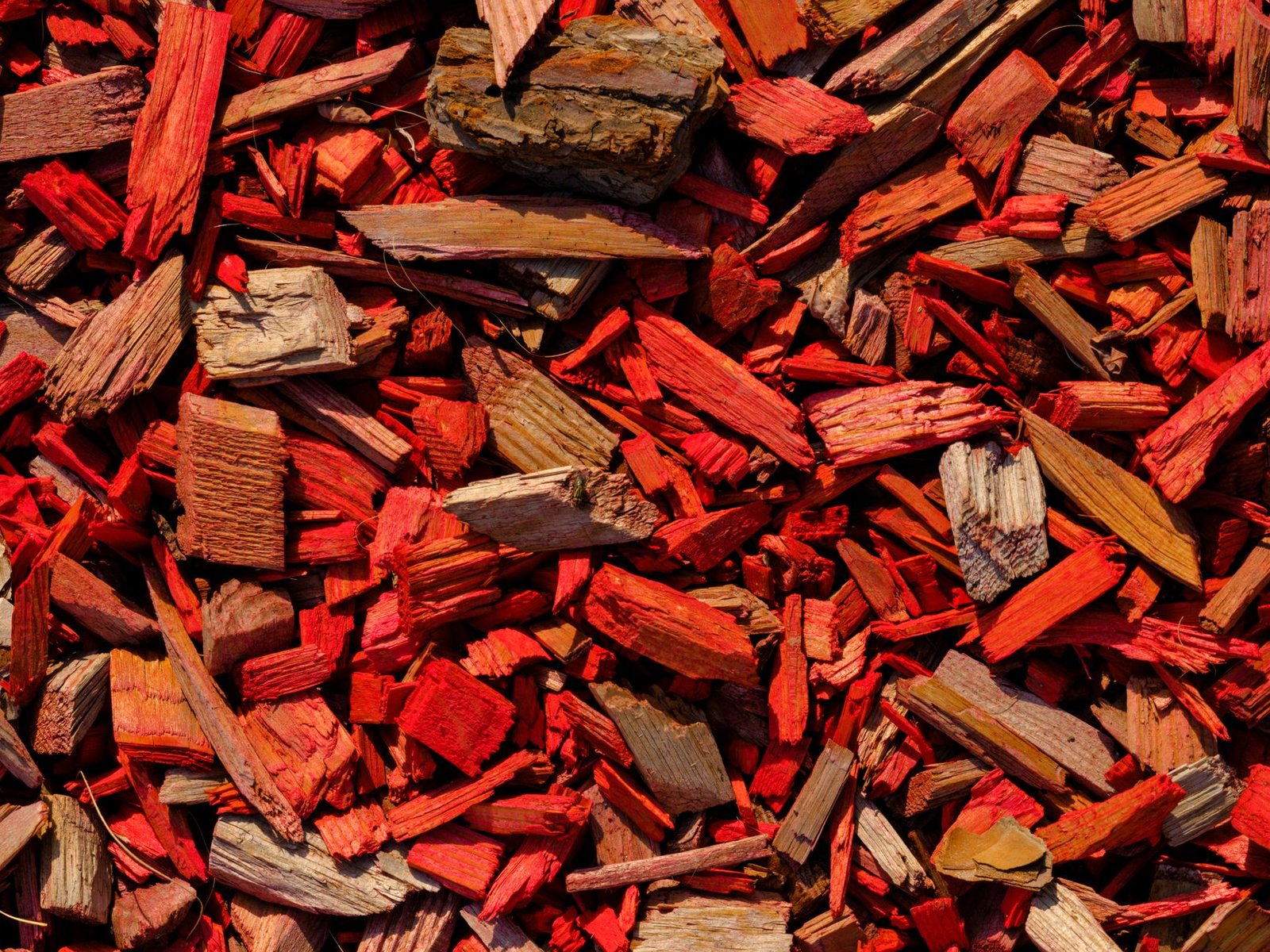 Vivid red dyed wood chip mulch for landscape beds in Norman, Oklahoma