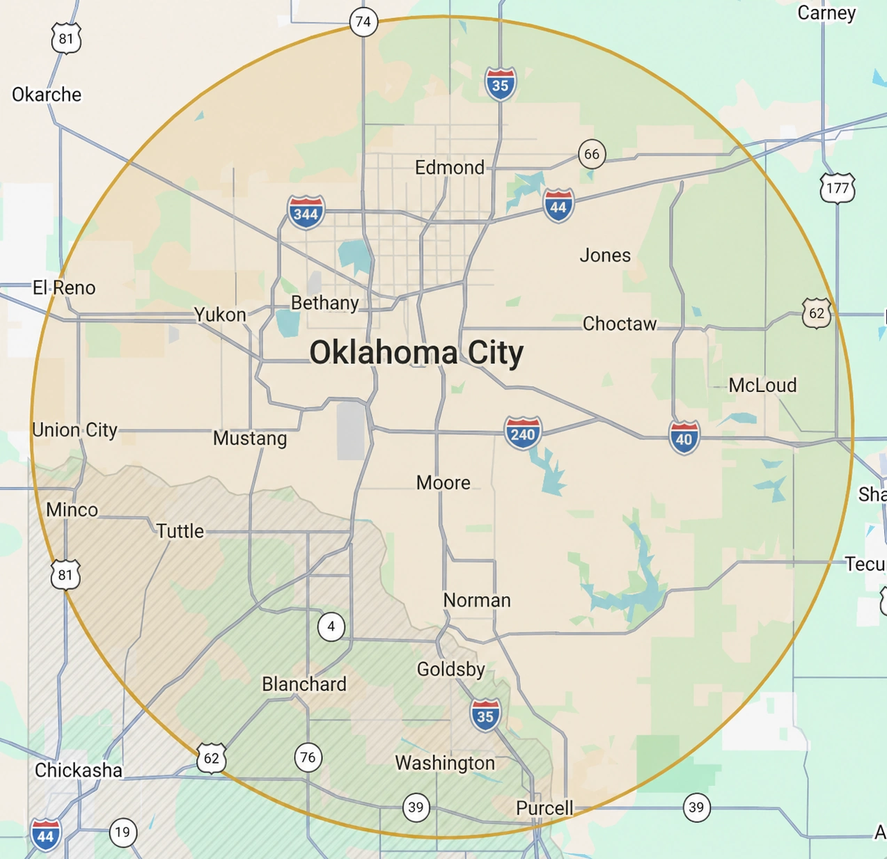 Map of Riverside Wood delivery service areas covering the greater Oklahoma City metro