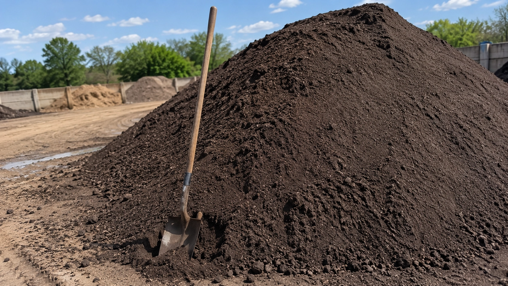 Screened dark topsoil piled at a landscaping supply yard in Norman, Oklahoma